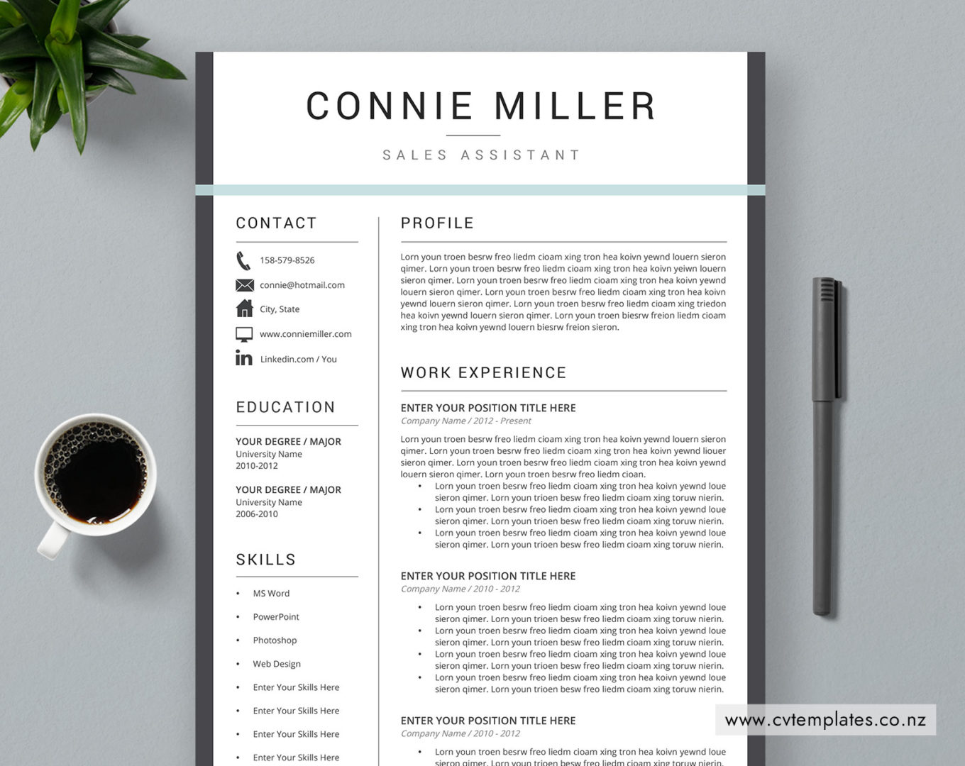 Premium New Zealand CV Templates - Www.cvtemplates.co .nz New Zealand CV Template Connie CV Template 01 1360x1080 